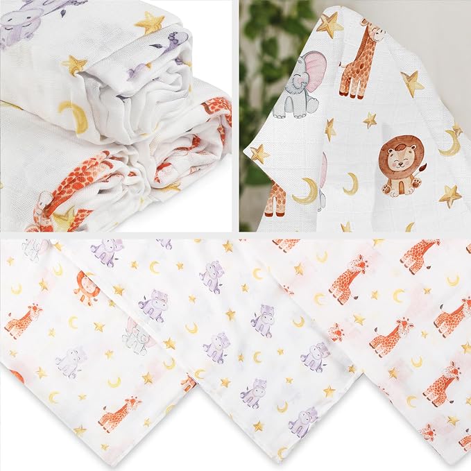 San Francisco Baby Muslin Swaddle Blankets, 3-Pack - Soft Bamboo Rayon and Cotton Receiving Blankets for Boys & Girls - Adorable Animal Design
