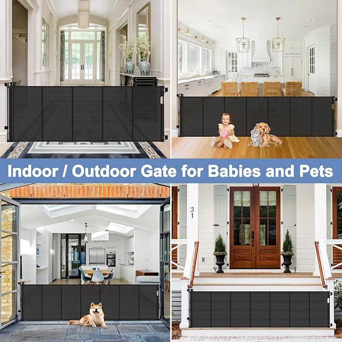 Reinforced 120 Inch Extra Long Retractable Dog Gates for Doorways Extra Wide Pet Gate Indoor 10 Ft Retractable Baby Gates for Dogs 33 Inch Tall Mesh Baby Gate Long with Reinforced Strips, Black