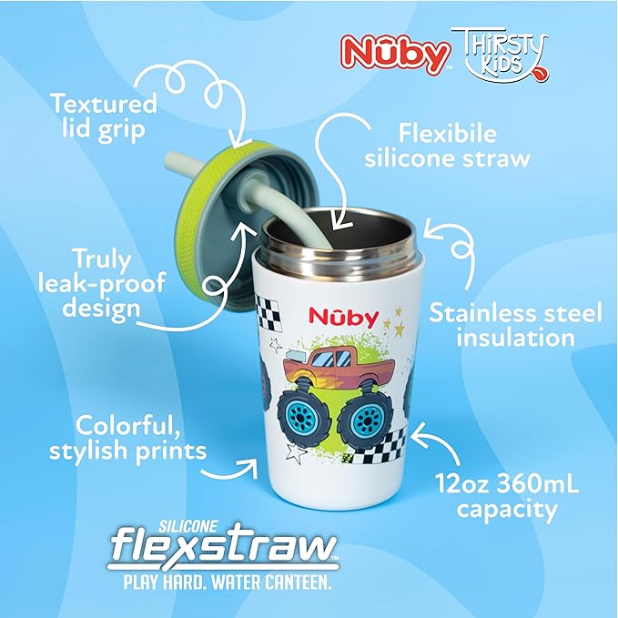 Nuby Thirsty Kids Insulated Toddler Cup with Silicone Flexstraw - 12 oz - Stainless Steel and Leak-Resistant - 18+ Months - Monster Trucks