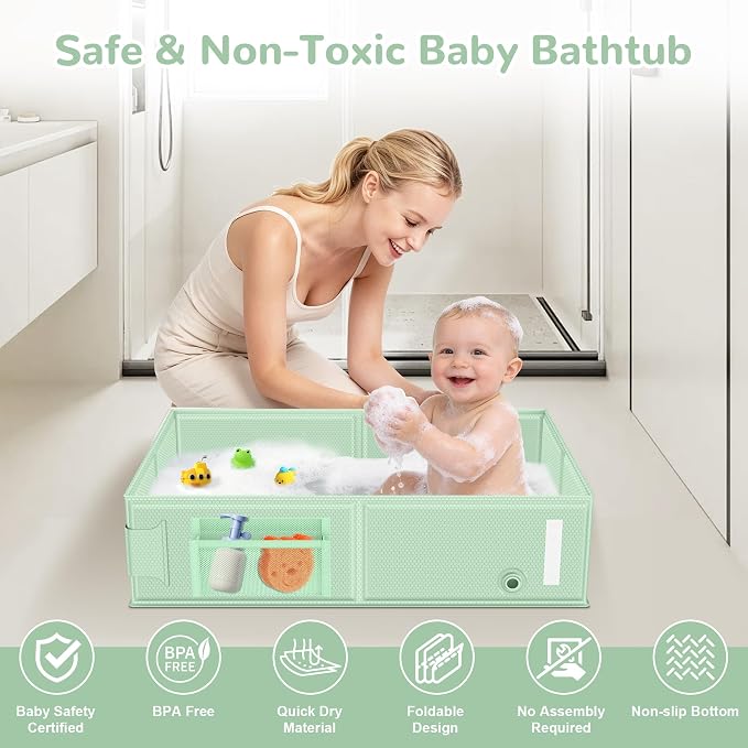Collapsible Baby Bathtub, Foldable Toddler Bath Tub with Chick Pattern Bath Rinse Cup, No Assembly Portable Travel Bathtub for 6M-5Y, Ideal for Shower, Travel Essentials & Baby Registry Gift