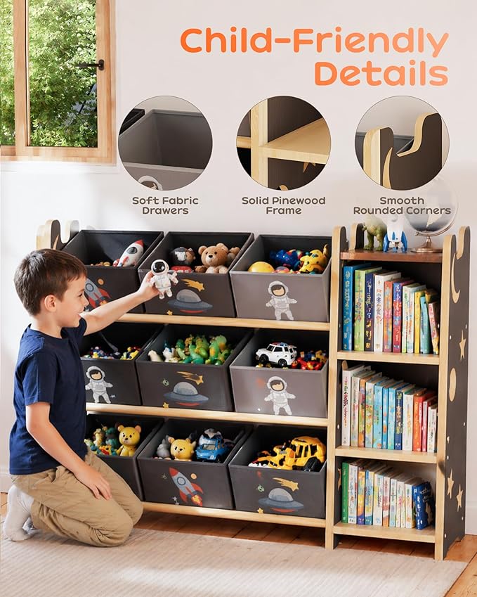 Toy Storage Organizer with 3 Shelves and 9 Bins, Black Starry Sky Bookshelf and Bookcase for Kids, Playroom Toy Bin Shelf for Bedroom & Room, 41.9" W