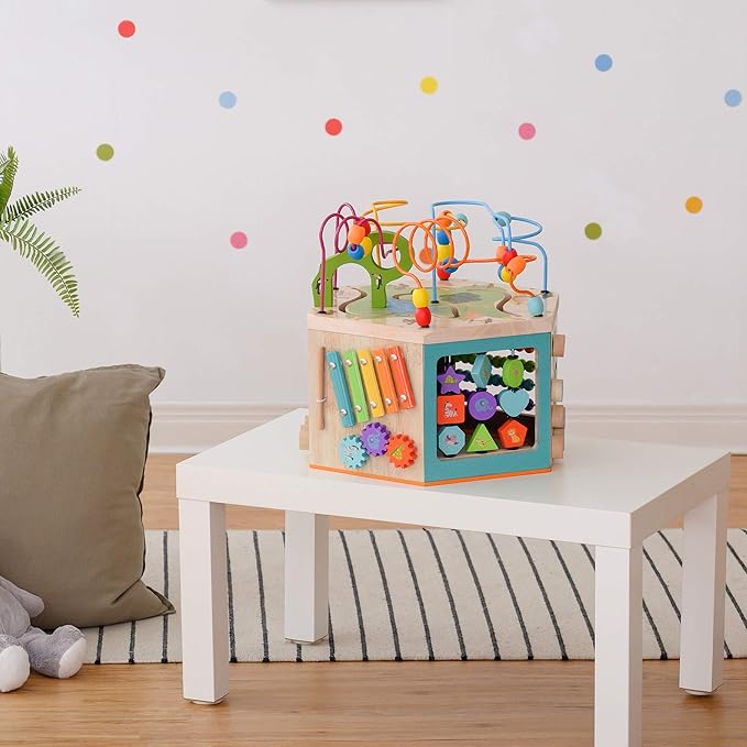 Teamson Kids Preschool Play Lab 7-in-1 Large Wooden Activity Cube Station Center Bead Maze and Counting for Kids Baby Toys, Natural