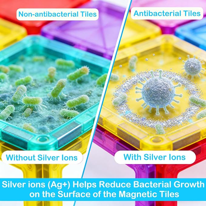 Antibacterial Magnetic Tiles 58PCS, STEM Toy for Kids Aged 3+ | Bacteria resistant, Safer play, EPA-registered, Fits other brands, ABS plastic, Montessori toy, Daycare, Classroom gift
