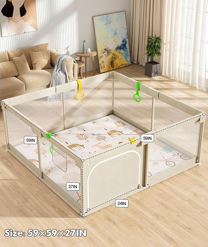 Mloong Baby Playpen with Mat - 59x59 Inches Extra Large Playpen for Babies and Toddlers, Indoor & Outdoor Activity Center, Safety Baby Fence
