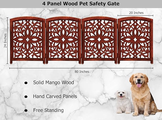 Croft&Cane Wooden Foldable Pet Dog Gate – Hand Carved 4-Panel Freestanding Dog Fence - 80W x 24H - Solid Wood & MDF Indoor Safety Barrier - Doorway Hallway & Stairs Portable Puppy Gate - Walnut Brown