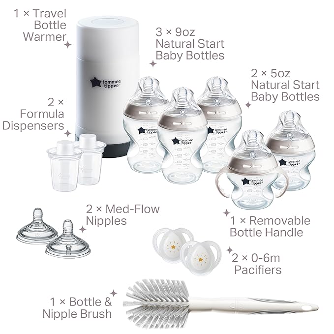 Tommee Tippee Natural Start 14 Piece Baby Bottle, Travel Bottle Warmer & Pacifier Set, 5 BPA Free Bottles, 0+ months, 2 Newborn Pacifiers, 2 Extra Nipples, Removable Bottle Handles, Brush, Clear