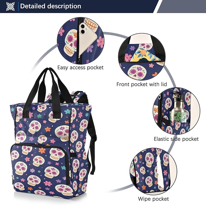 Cute Colorful Sugar Skulls Diaper Bag Stroller Straps Unisex Mom Dad