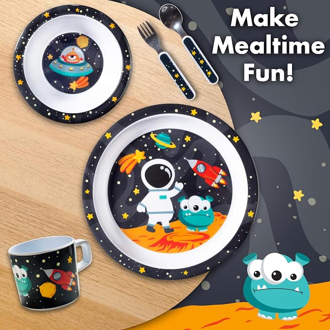 Bentology 5 Pc Mealtime Set for Kids -Space Theme -Includes Raised Edge Plate & Bowl, Cup, Metal Fork & Spoon -Dishwasher Safe, BPA Free- Cute Durable Dish, Easy Self-Feeding- Gift for Toddlers
