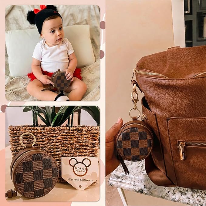 miss fong Checkered Pacifier Holder Case with Clip, Pacifier Pouch Cover, Pacifier Charm Pod with Clasp Attach to The Strollers & Diaper Bags, Hold 2 Pacifier or Nipple Shield(Coffee Checkered)