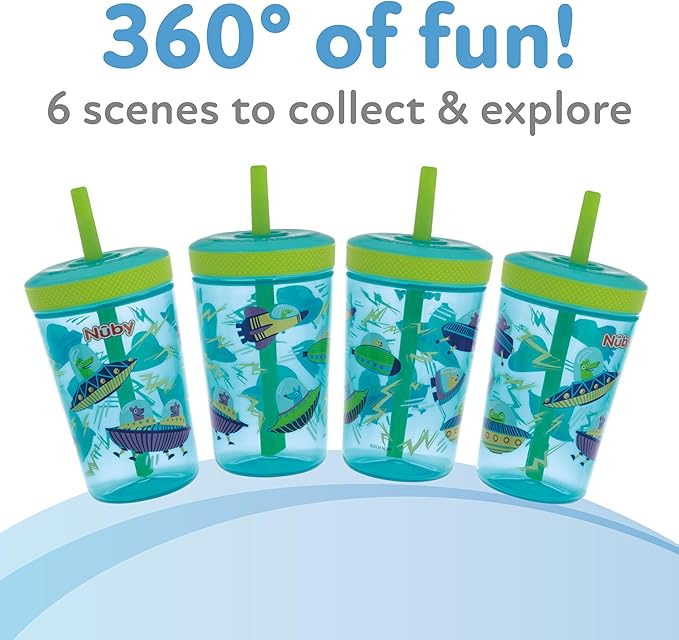 Nuby Thirsty Kids Super Sipper No-Spill Toddler Cup with 360° Silicone Valve & Swivel Straw - (2 Pack) 14 oz - Leak-Resistant with Easy Clean Design - Animals & Space