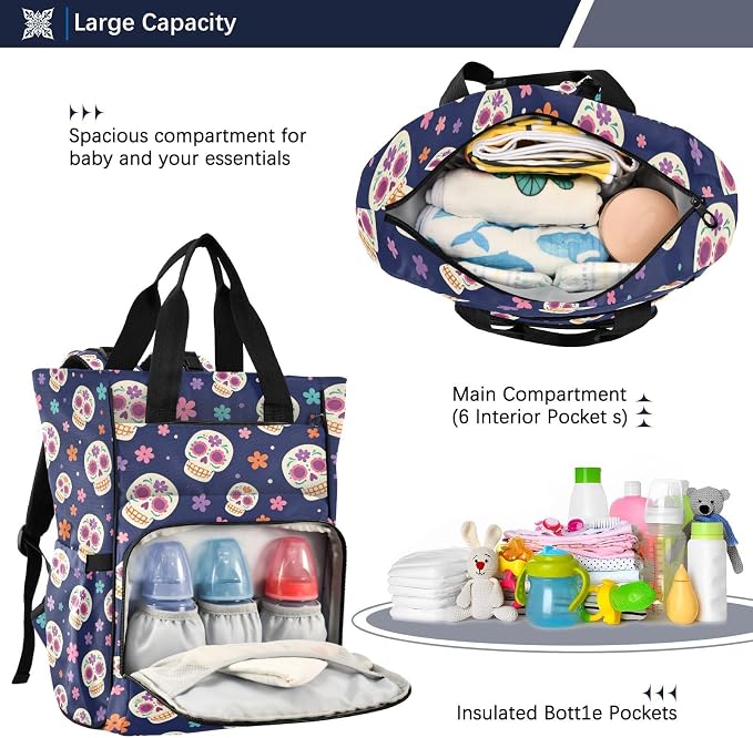 Cute Colorful Sugar Skulls Diaper Bag Stroller Straps Unisex Mom Dad