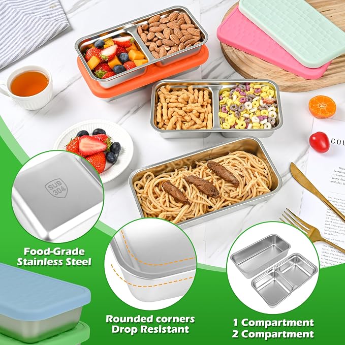 4 Pack 14 oz Stainless Steel Snack Containers, 2 Compartment Leakproof Metal Bento Box with Silicone Lids, Divided Food Storage for Meal Prep, Portion Control, Lunch, Travel, Camping
