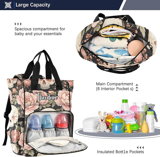 Custom Name Skull Pink Peonies Diaper Bag Insul Bottles Unisex Mom Dad