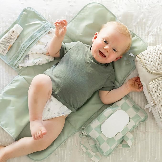 Tiny Twinkle Portable Diaper Changing Pad | Waterproof, Wipeable & Compact Baby Changing Pad for Travel | Smart Wipes Pocket & Organized Storage| Newborn Shower Gift (Sage Checkers)