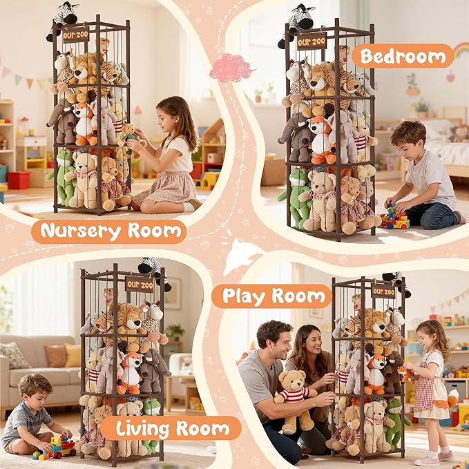 LAMU Stuffed Animal Storage, Wooden Zoo Stuffed Animal Holder with Elastic Cords, Space Save Toy Organizer, Extra Large Capacit Stuffed Animal Organizer for Playroom, Bedroom, Nursery,Brown