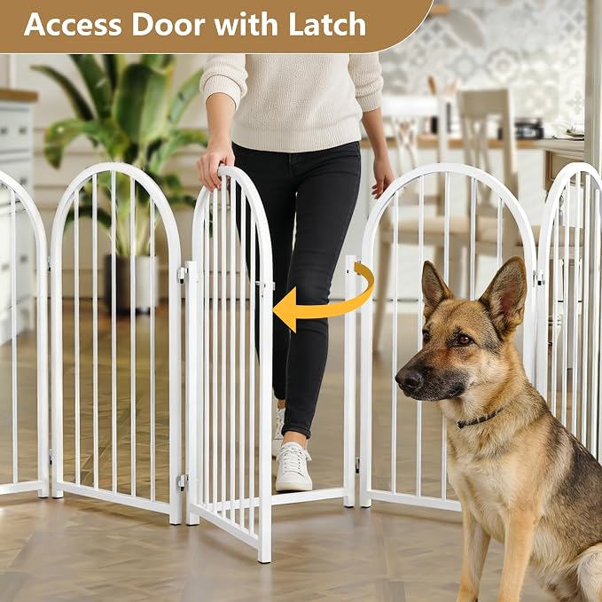PUPETPO Full Metal Dog Gate with Door for Indoor Outdoor, 32" Tall Free Standing Pet Dog Fence, 72" Extra Wide Pet Gates for Stairs, Hallways, Doorways, Kitchen, Decks, Yards (White, 4 Panels)