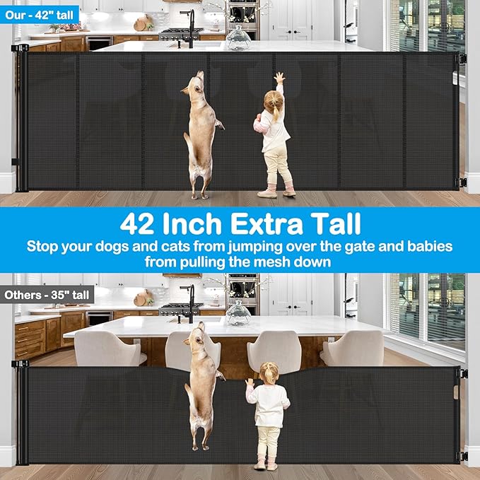 Reinforced 42" Extra Tall X 159" Extra Wide Retractable Pet Gate for Dogs Stop Babies and Pets from Drilling Through Outdoor Retractable Baby Gates Extra Tall Retractable Dog Gate Extra Wide Baby Gate