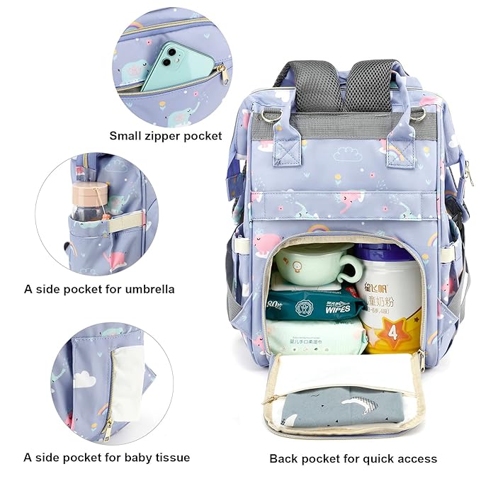 Elephant Diaper Bag Backpack for Baby Girls, Mom Waterproof Large Nappy Bags for Women