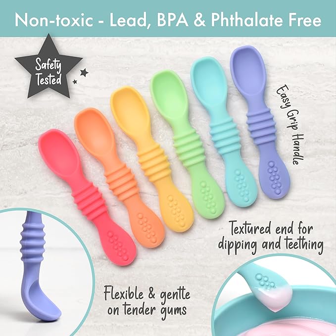 PrimaStella Silicone Chew Spoon Set for Babies and Toddlers | Safety Tested | BPA Free | Baby Spoon 6 Pack (Bright Rainbow)