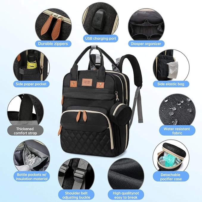 Diaper Bag Backpack – Large Waterproof Baby Bag with USB Charging Port, Changing Pad & Stroller Straps – Stylish, Durable & Hands-Free Travel Organizer for Moms & Dads (Black)