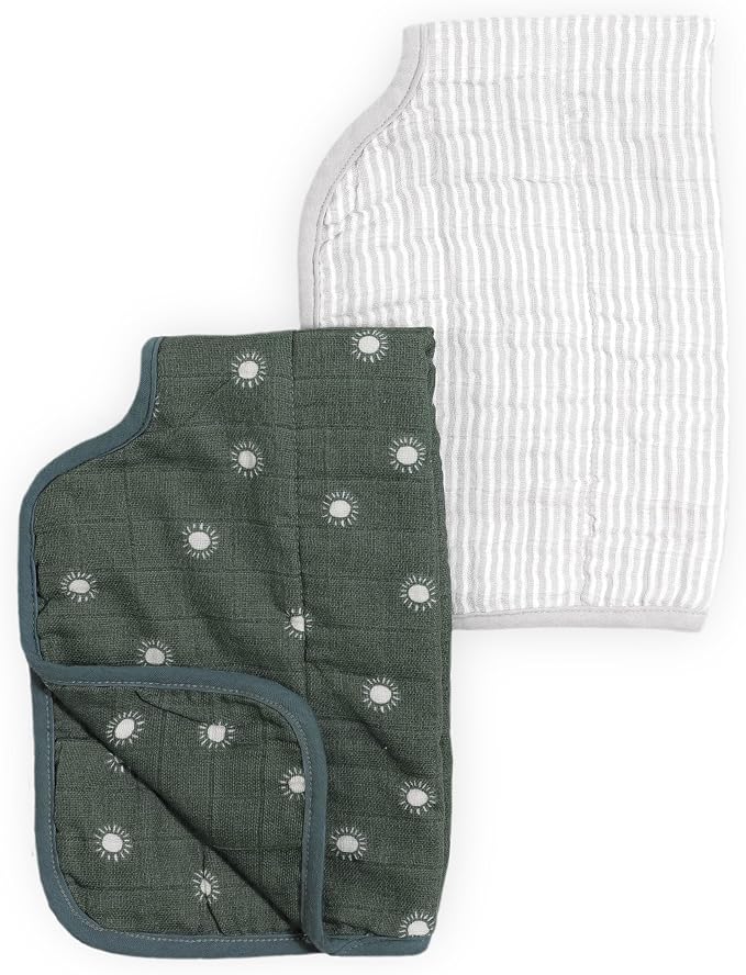 Little Unicorn 100% Certified Natural Organic Cotton Burp Cloth 2 Pack | Ultra-Absorbent & Soft Muslin Fabric | Larger Size & Ergonomic Design (Sage Suns + Sand Stripe)