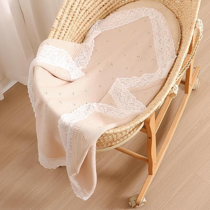 Hadetoto Cotton Lace Knit Baby Blankets, Super Soft Lightweight Crib Blanket for Infant Boys Girls, Nursery Bedding (Khaki)