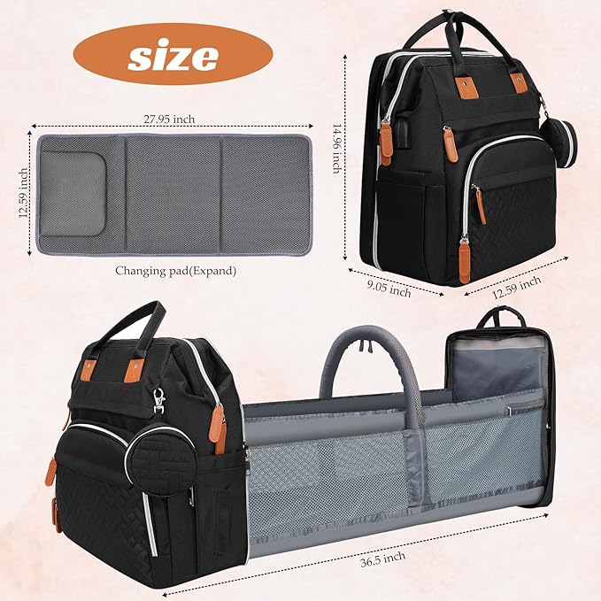 Diaper Bag Backpack for New Parents, Large Capacity Baby Travel Bag with Bottle Holders, Multiple Compartments (Black)