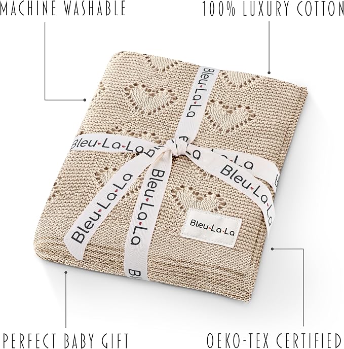 Heirloom Knit Heart Receiving Unisex Blanket for Boys and Girls - 100% Luxury Cotton Baby Blanket - Soft Warm Swaddle Receiving Blanket for Newborns Infants & Toddlers (Oatmeal)