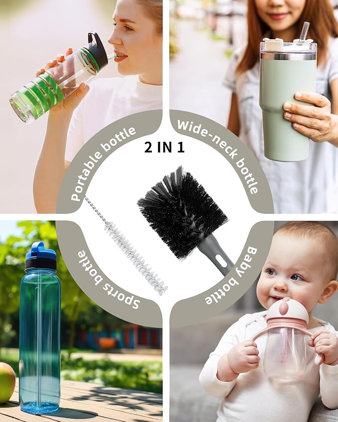 ROSEOK 2 in 1 Long Handle Bottle Brush with Straw Brush for Cleaning Glass, Sports Bottle, Coffee Mug, Black, 1 Pack