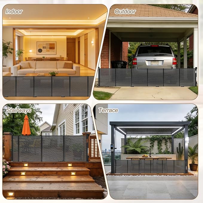 Reinforced 196" Wide Retractable Gate with Reinforced Strips, Indoor/Outdoor Retractable Dog Gate for Doorway Prevent Bottom Drilling Through, Safety Mesh Gate, Black