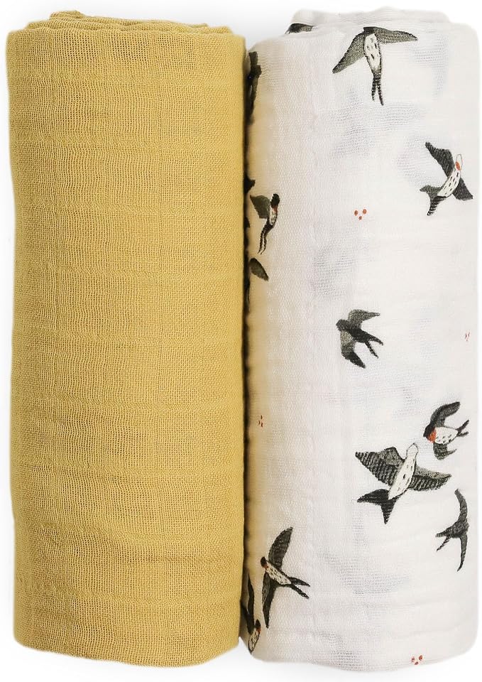 Little Unicorn 100% Natural Organic Cotton Muslin Swaddle Blanket 2 Pack | Giftable Set of 2 swaddles (Swallows)