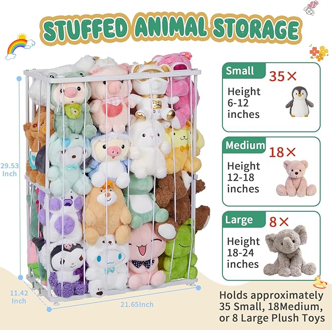 Stuffed Animal Storage Metal Tube Small Toy Storage Organizer with Elastic Cord, Multifunctional Garage Ball Storage Freestanding or Wall-Mounted Stuffed Animal Holder Zoo for Playroom Bedroom (White)