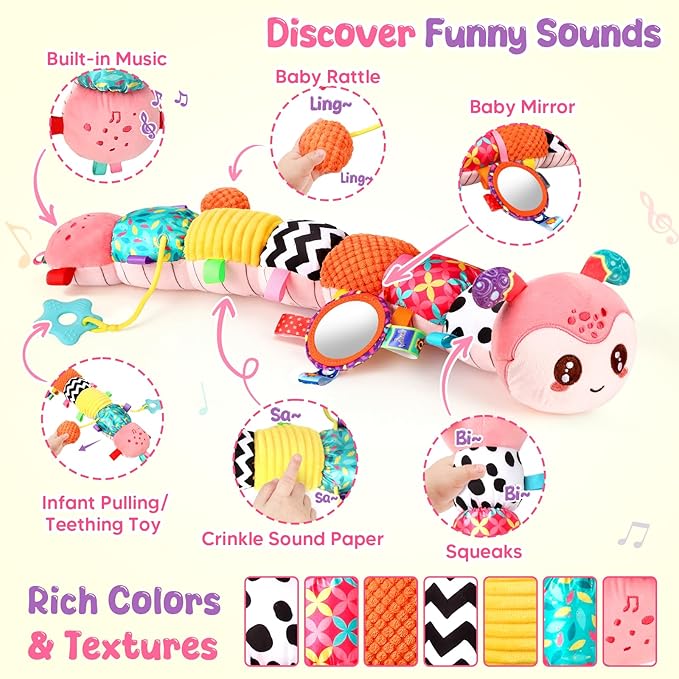 Baby Sensory Toys for 0-6 6-12 Months, Musical Stuffed Caterpillar Animal Toys for Infant 3 6 9 12 18 Months, Tummy Time Toys with Mirror Rattle Crinkle for Newborn Boys Girls Shower Gifts
