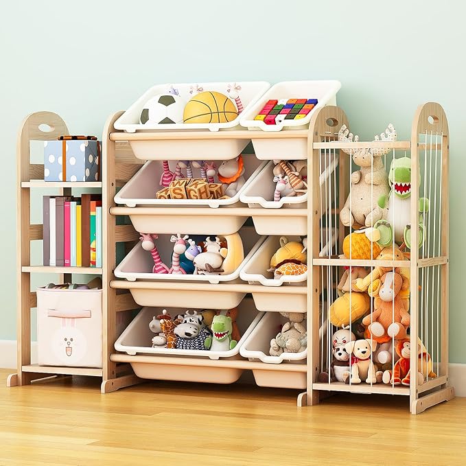 Wooden Toy Storage Organizer, Toy Organizers & Storage with Stuffed Animal Storage, Toy Storage Shelf with 3 Shelves, 8 Storage Bins, Kids Bookshelf, Toy Holder for Toddler Rooms, Playrooms, Bedrooms