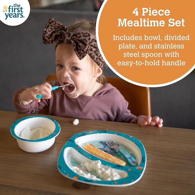 The First Years Disney Stitch Toddler Dinnerware Set - Officially Licensed 4-Piece Feeding Set with Bowl, Plate, Fork, and Spoon - Dishwasher Safe Toddler Feeding Supplies - Ages 9 Months and Up