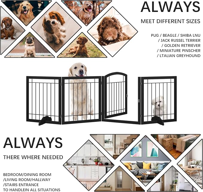 JSB 96-inch Extra Wide 30-inch Tall Dog gate with Door Walk Through, Freestanding Pet Gate for Halls, Stairs & Home, Pet Puppy Safety Dog Fence with 2PCS Support Feet (Black)