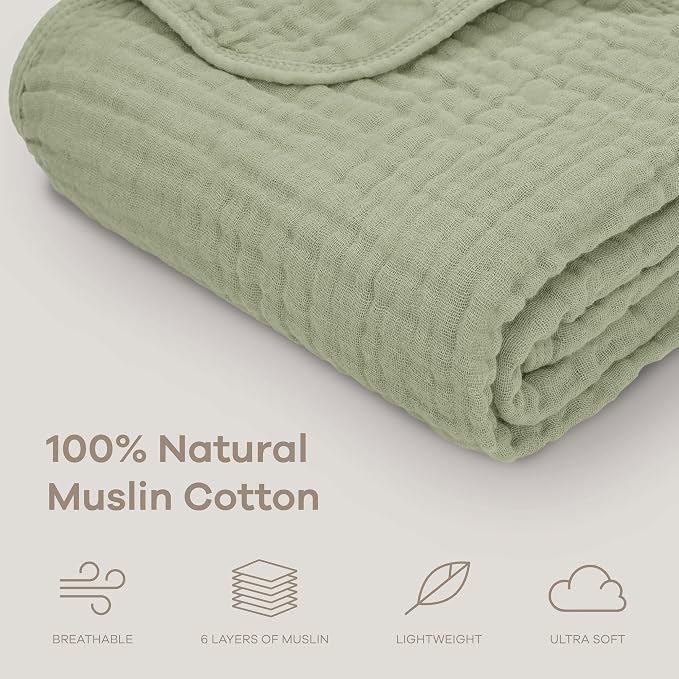 Comfy Cubs Muslin Baby Blanket - Soft, Lightweight, 6-Layer Cotton Swaddle Blankets for Newborns, Infants & Toddlers - 40" x 40" Large, Breathable & Versatile for Sleeping & Tummy Time - Sage