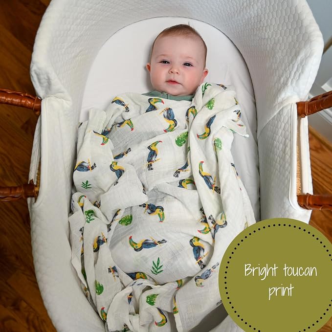 LollyBanks Muslin Swaddle Blankets, Large 47 x 47 Inches Baby Blanket for Boys and Girls, 100% Cotton Newborn Blanket, Breathable and Lightweight Baby Receiving Blankets, Registry (Tropical 2 Pack)