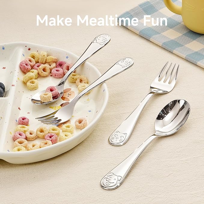 KINGSTONE 2-Piece Kids Silverware Set, Large Fork & Spoon with Storage Case, 18/10 Stainless Steel, Cat & Dog Print, Ergonomic, Lightweight, Self-Feeding Baby Flatware for Travel & Home