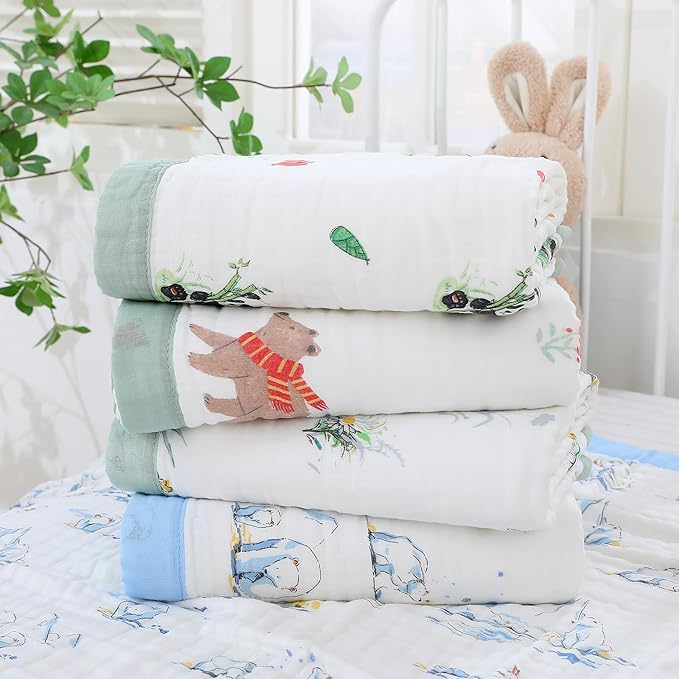 Jay & Ava Soft Cotton Muslin Blanket 42' x 42', Toddler Baby Crib Blanket - 4 Layers - Green Daisy