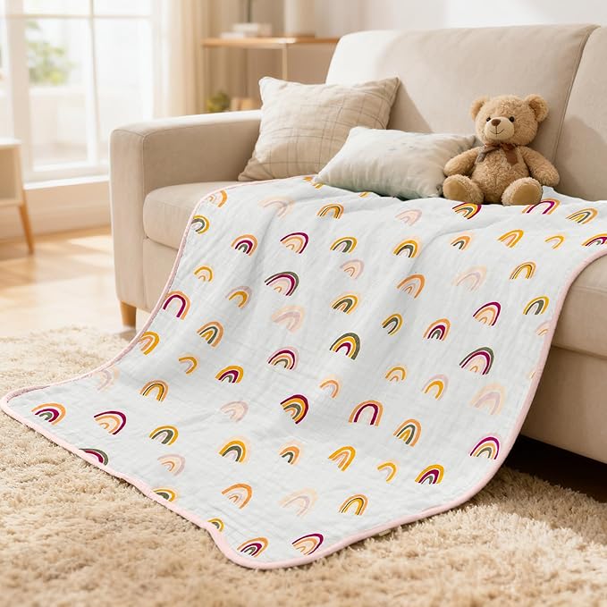 ZPECC Muslin Baby Blanket Thicker, 30x40 Organic Cotton Newborn Receiving Quilt Hypoallergenic for Baby Essentials Swaddle Crib Stroller, Rainbow