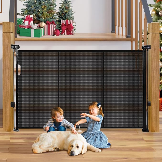 42" Extra Tall Retractable Baby Gates Dog Gate for Stairs, 55" Wide Mesh Baby Gate Pet Gate with Support Rods for The House, Child Safety Gates for Doorways, Hallways, Deck, Porch, Indoor, Outdoor