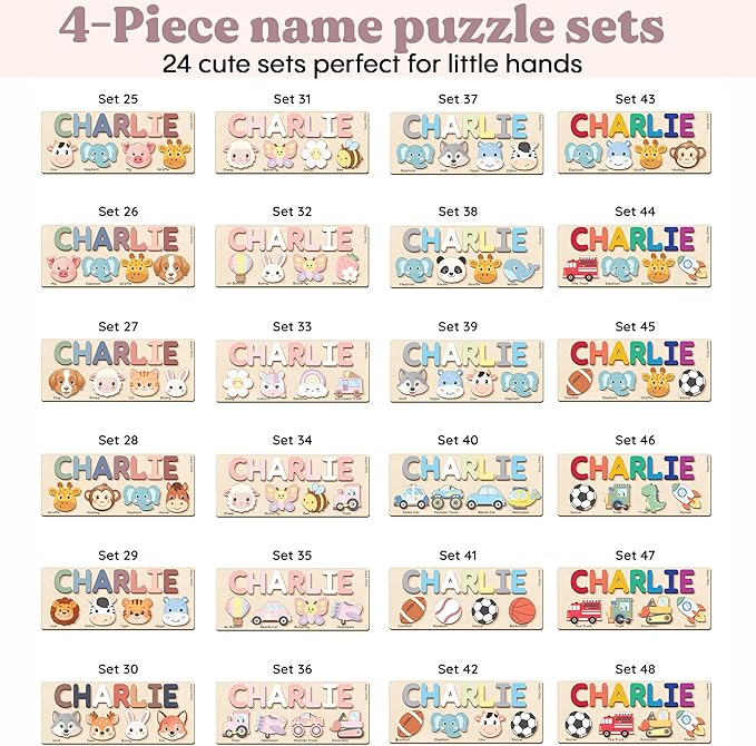 Personalized Name Puzzle for Toddlers 1-3 | Custom Wooden Baby Girl Gift with 48 Animal Art Sets | 1st Birthday Gift for Girls | Personalized Baby Boy & Girl Gifts Keepsake