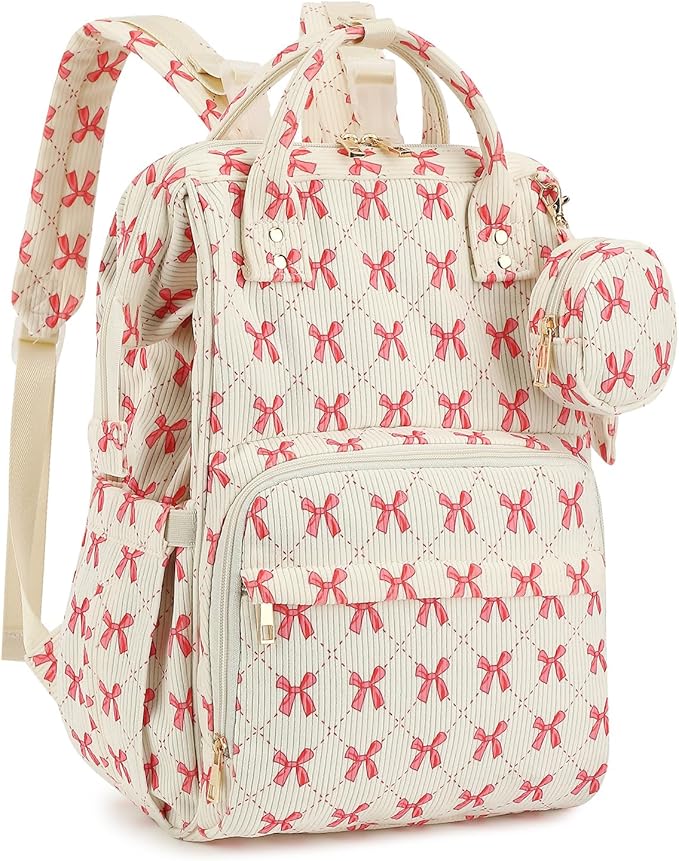 Corduroy Diaper Bag Backpack, Large Capacity Multifunction Baby Diaper Bags for Women, Insulated Bottle Pockets & Pacifier Case, Stylish Travel Nappy Changing Bags for Mom Dad (Bow Pink)