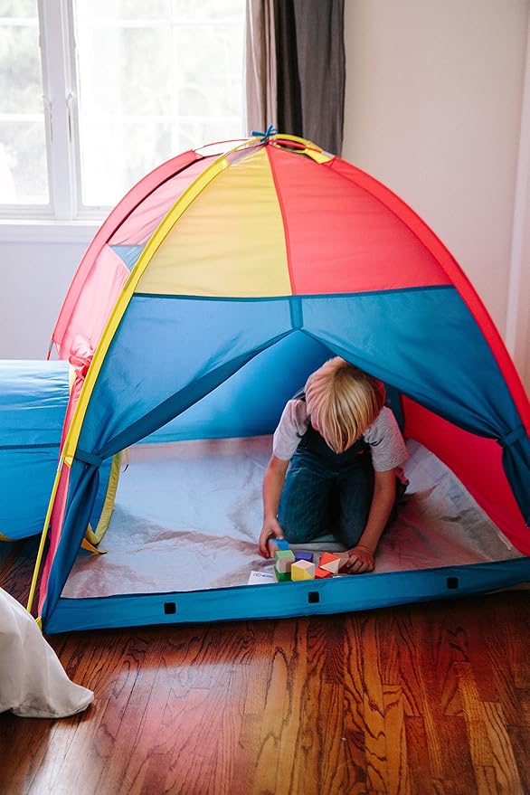 Pacific Play Tents 20414 Kids Hide-Me Dome Tent and Crawl Tunnel Combo for Indoor/Outdoor Play Red/Yellow/Blue Large