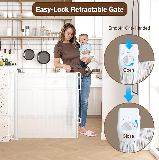 Reinforced 120" Extra Wide Retractable Baby Gates for Stairs, Mesh Saftey Gate for Pets, 10 Foot Retractable Dog Gate, No Drilling, One-Hand Operation, Retractable Gate for Indoor & Outdoor Use