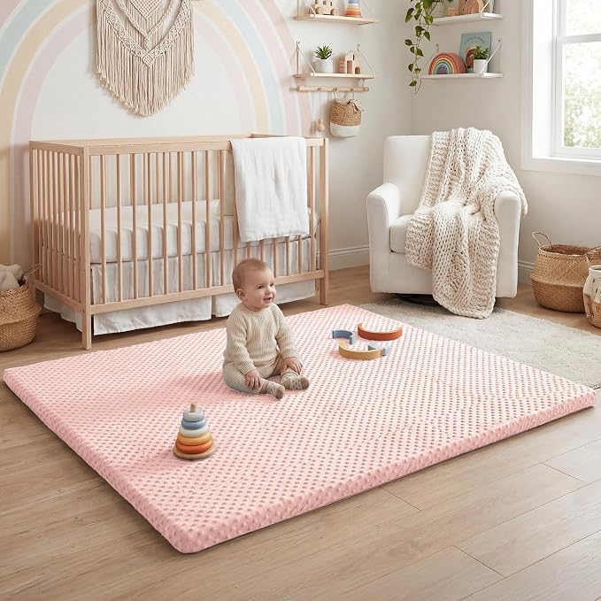 Huloo Sleep Baby Floor Play Mat for Playpen, Extra Thick 74x50 Inches Padded Mat with Ultra Soft 3D Minky Dot & Removable Washable Cover, Non-Slip & Safe for Crawling,Tummy Time,Infant/Toddler (Pink)