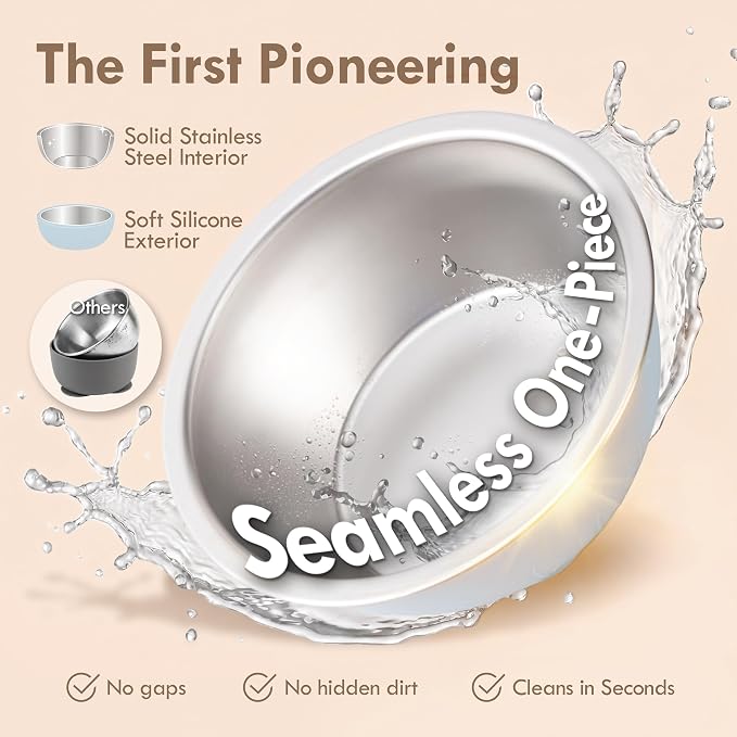 Moonkie Baby Suction Bowls for Self-Feeding: 3 Strong Suction Bases Prevent Spills - Seamless One-Piece Design for Easy Cleanup - Stainless Steel & Silicone Toddler Bowls with Lids - 13 oz 2 Pack