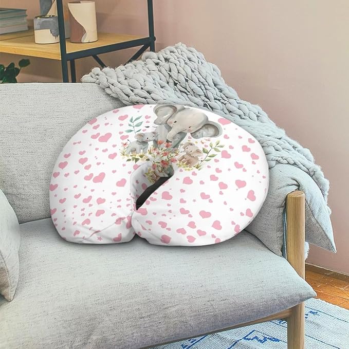 Breastfeeding Pillow Cover with Pink Love Heart and Elephants Baby Breastfeeding Slipcover Infant Newborn Nursery Bottle Pillowcase Easy to Use and Dustptoof