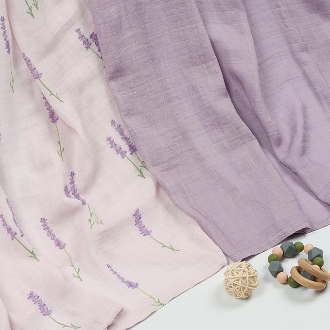 Muslin Swaddle Blankets Neutral, Baby Swaddling Wrap Nursery Receiving Blanket for Baby Girl, 70% Viscose from Bamboo and 30% Cotton, Large 47 x 47 inches Lavender & Mauve